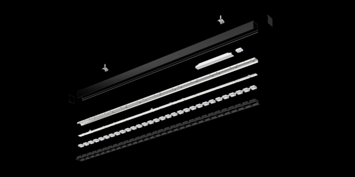 Exploded view of an office luminaire with a modular product concept